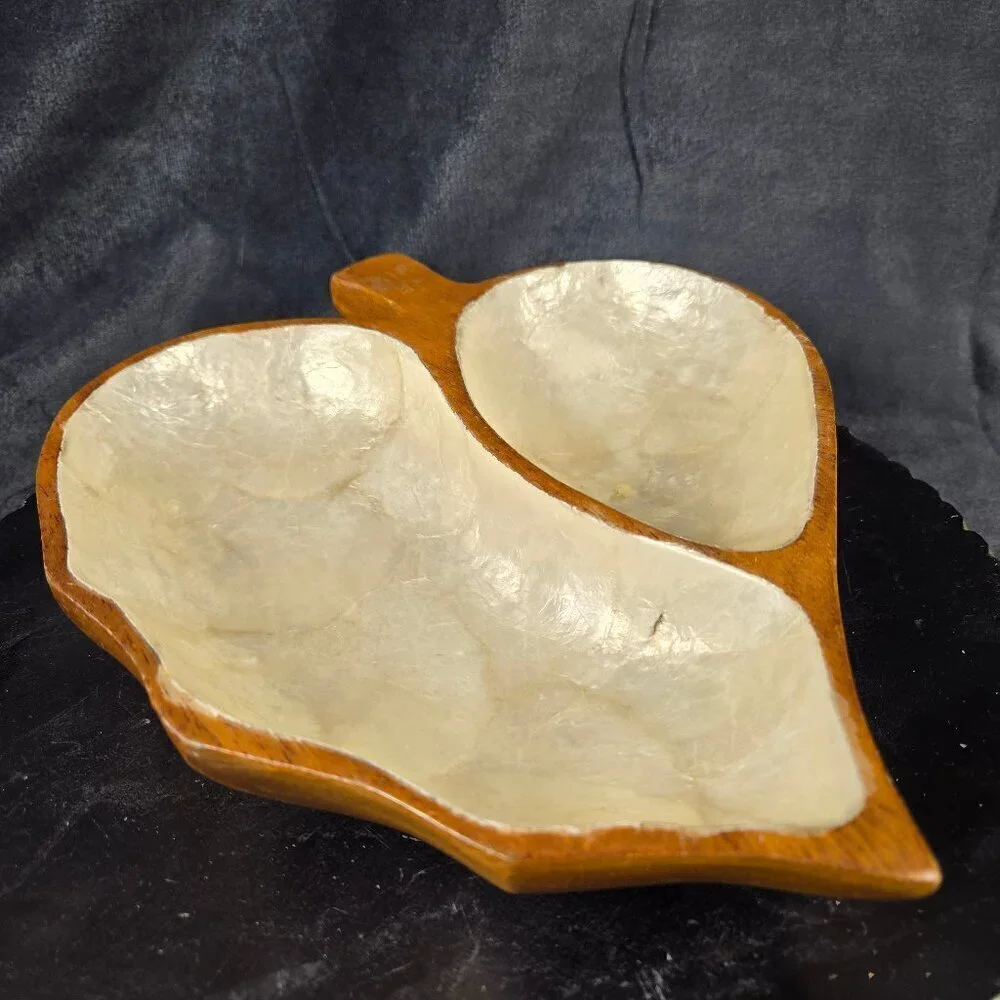 Vintage Two Section Leaf Dish Monkey Pod Wood with White Capiz Shell Inlay
